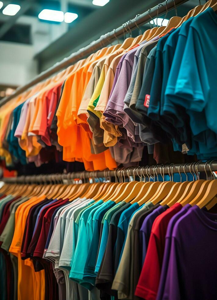 rangée de à la mode polo t-shirts pour homme sur en bois cintre ou grille dans une Vêtements boutique vente au détail magasin concept par ai généré photo