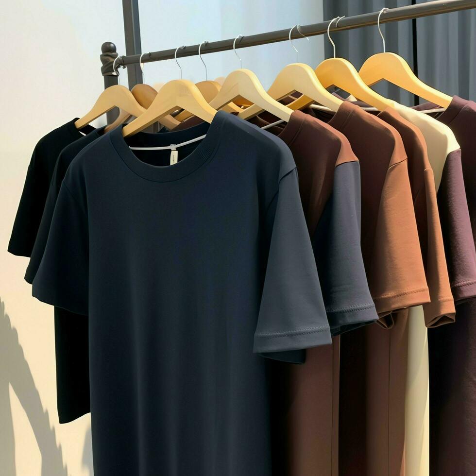 rangée de à la mode polo t-shirts pour homme sur en bois cintre ou grille dans une Vêtements boutique vente au détail magasin concept par ai généré photo