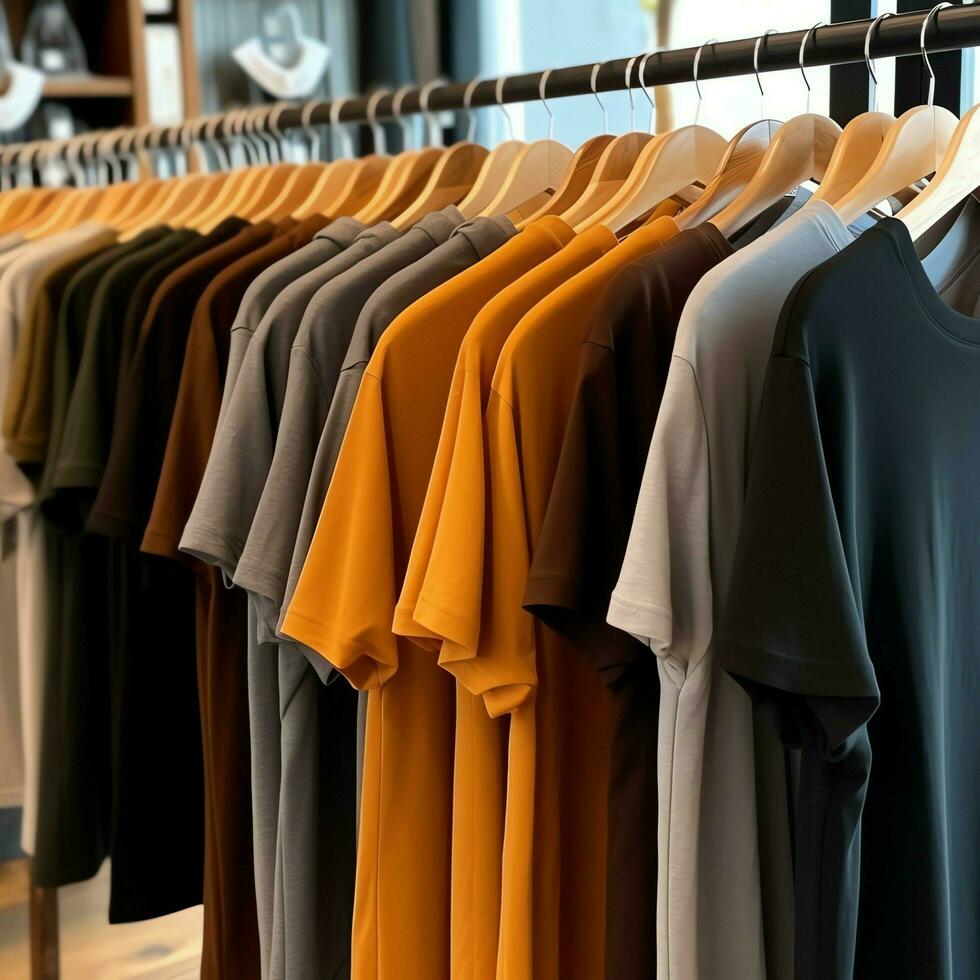 rangée de à la mode polo t-shirts pour homme sur en bois cintre ou grille dans une Vêtements boutique vente au détail magasin concept par ai généré photo