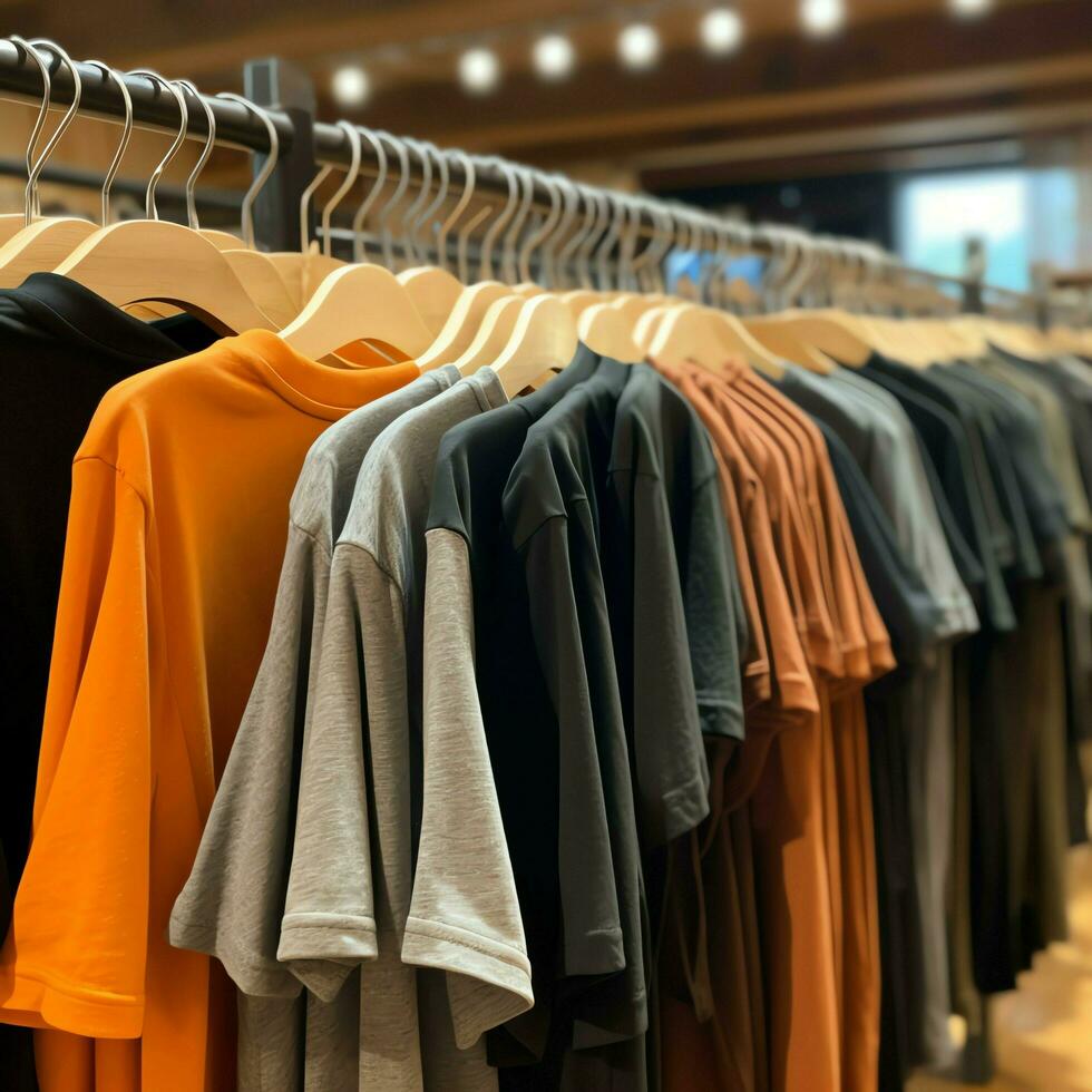 rangée de à la mode polo t-shirts pour homme sur en bois cintre ou grille dans une Vêtements boutique vente au détail magasin concept par ai généré photo