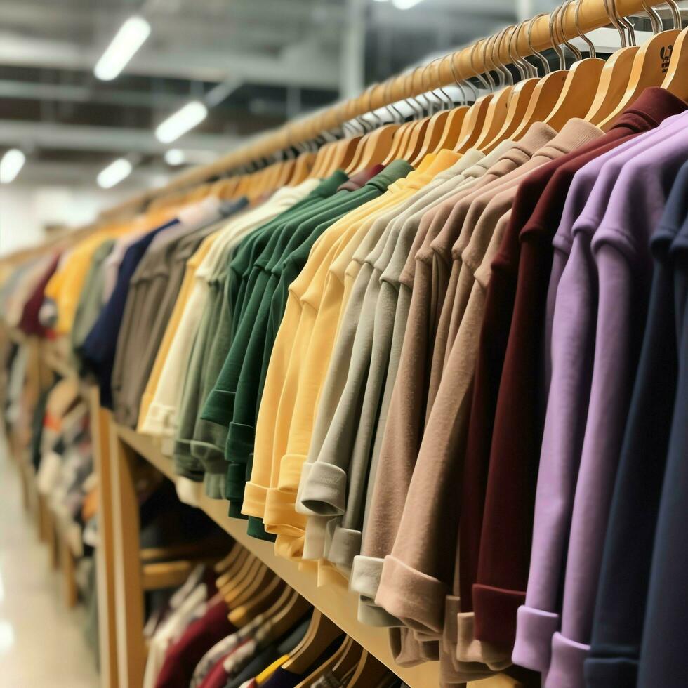 rangée de à la mode polo t-shirts pour homme sur en bois cintre ou grille dans une Vêtements boutique vente au détail magasin concept par ai généré photo