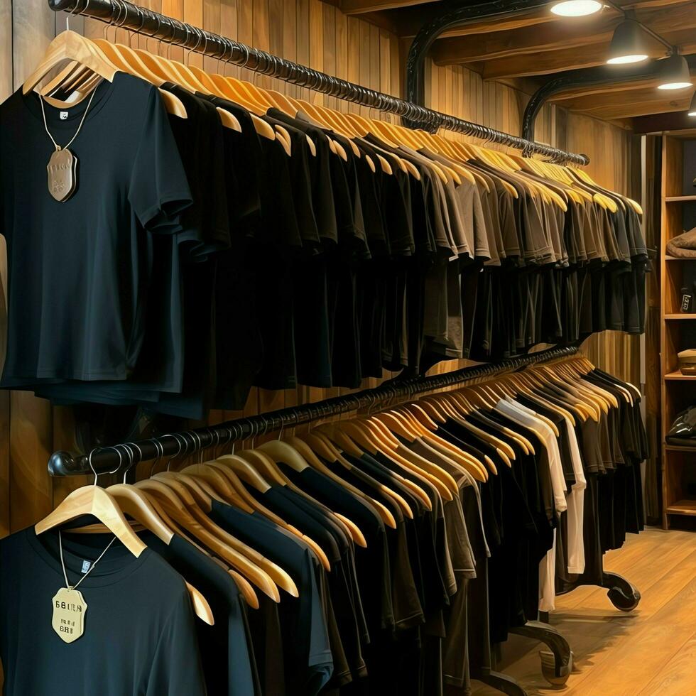 rangée de à la mode polo t-shirts pour homme sur en bois cintre ou grille dans une Vêtements boutique vente au détail magasin concept par ai généré photo