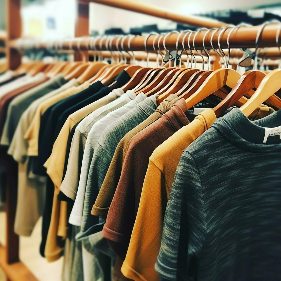 rangée de à la mode polo t-shirts pour homme sur en bois cintre ou grille dans une Vêtements boutique vente au détail magasin concept par ai généré photo