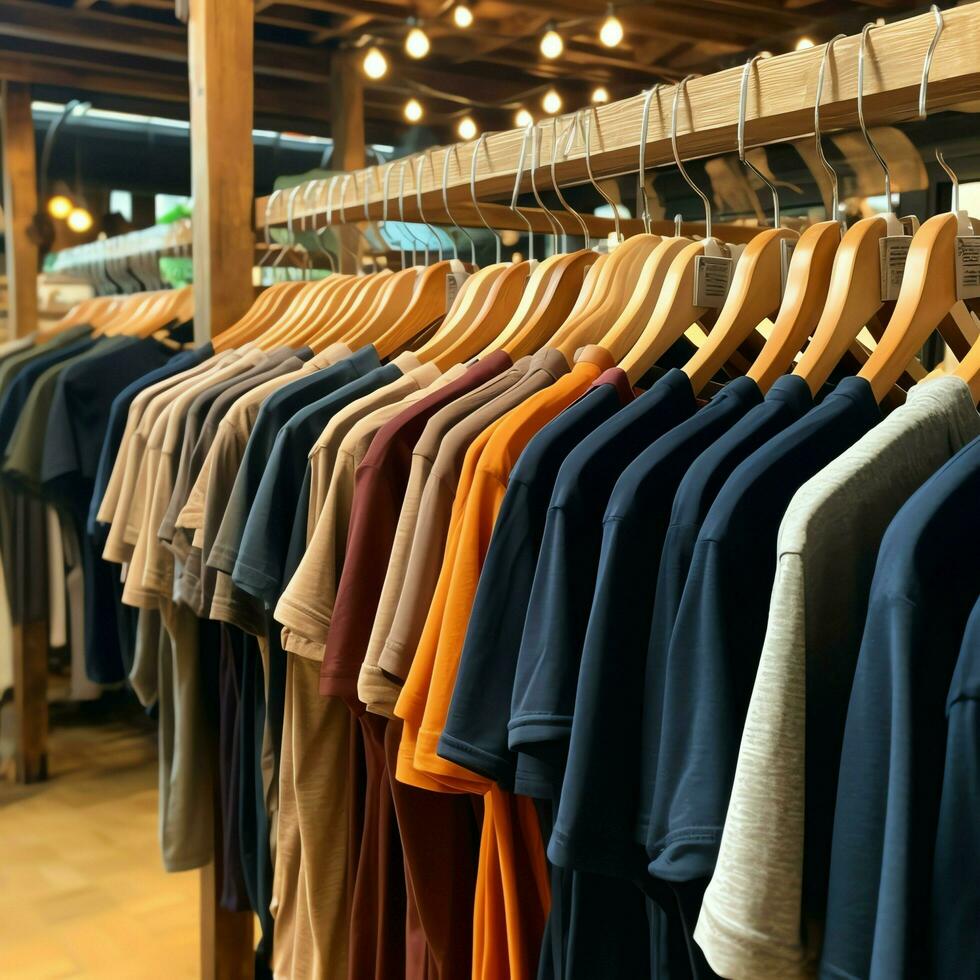 rangée de à la mode polo t-shirts pour homme sur en bois cintre ou grille dans une Vêtements boutique vente au détail magasin concept par ai généré photo