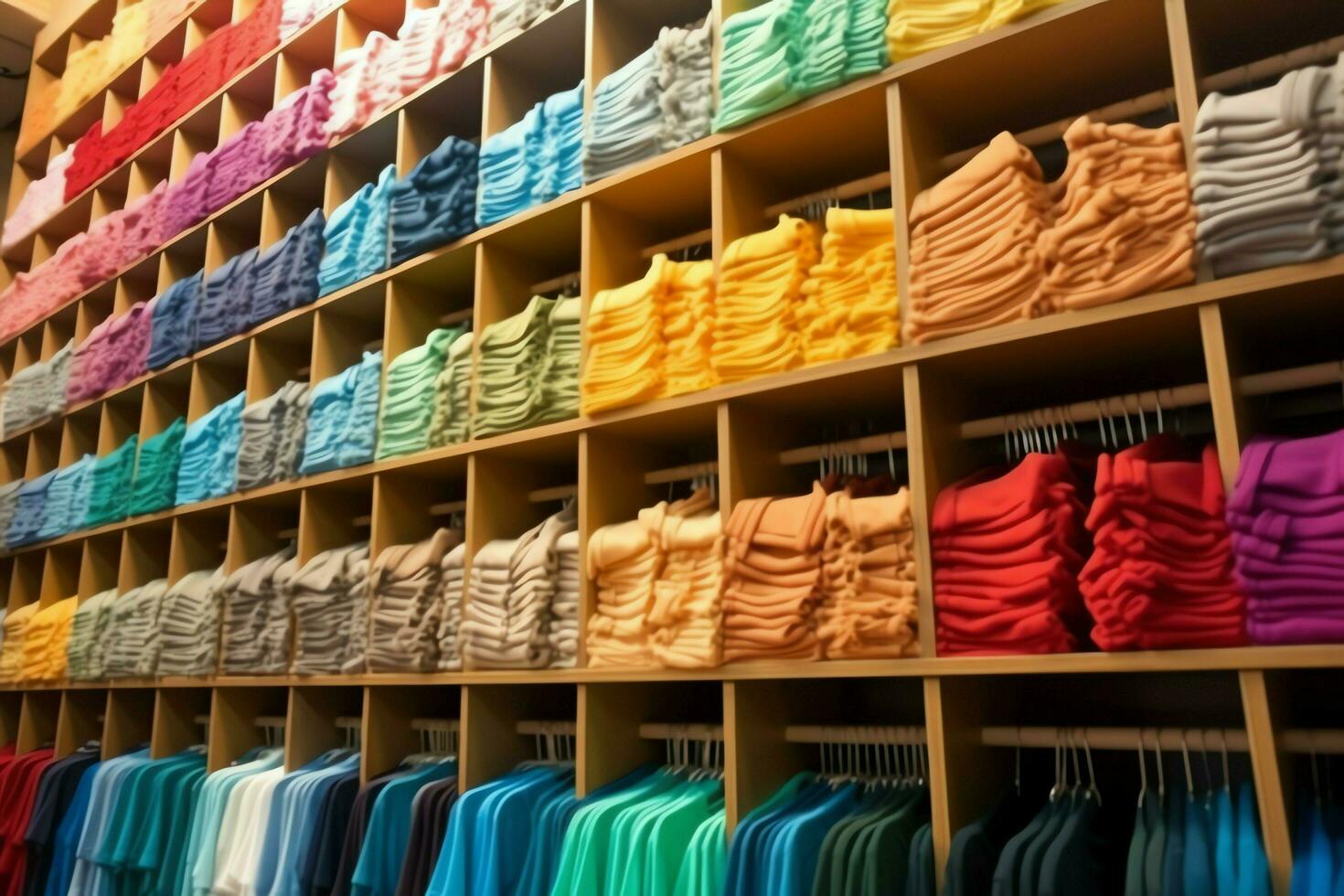 rangée de à la mode polo t-shirts pour homme sur en bois cintre ou grille dans une Vêtements boutique vente au détail magasin concept par ai généré photo