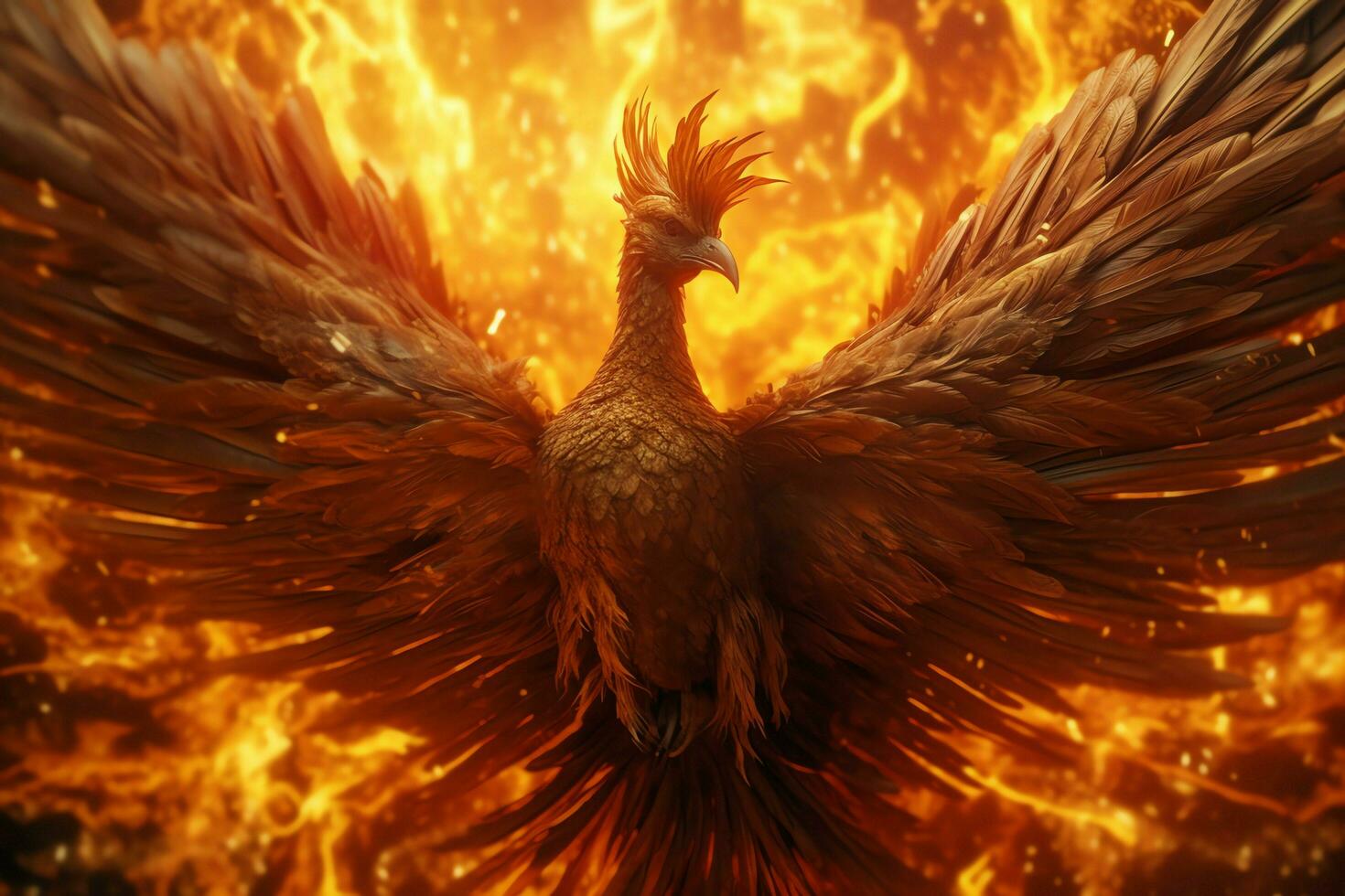 phénix oiseau avec tendu ailes en hausse brûlant dans flammes. épique phénix oiseau Feu Renaissance Puissance concept par ai généré photo