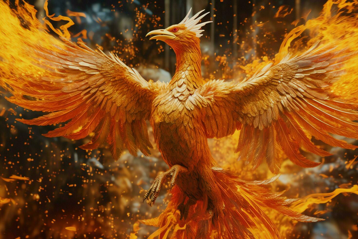 phénix oiseau avec tendu ailes en hausse brûlant dans flammes. épique phénix oiseau Feu Renaissance Puissance concept par ai généré photo