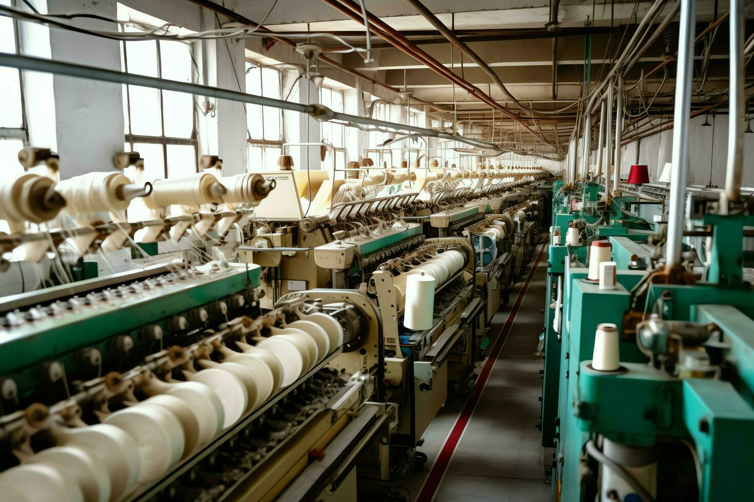 textile tissu usine industrie avec broderie machine, tricot ou filage. couture fil entreprise concept par ai généré photo