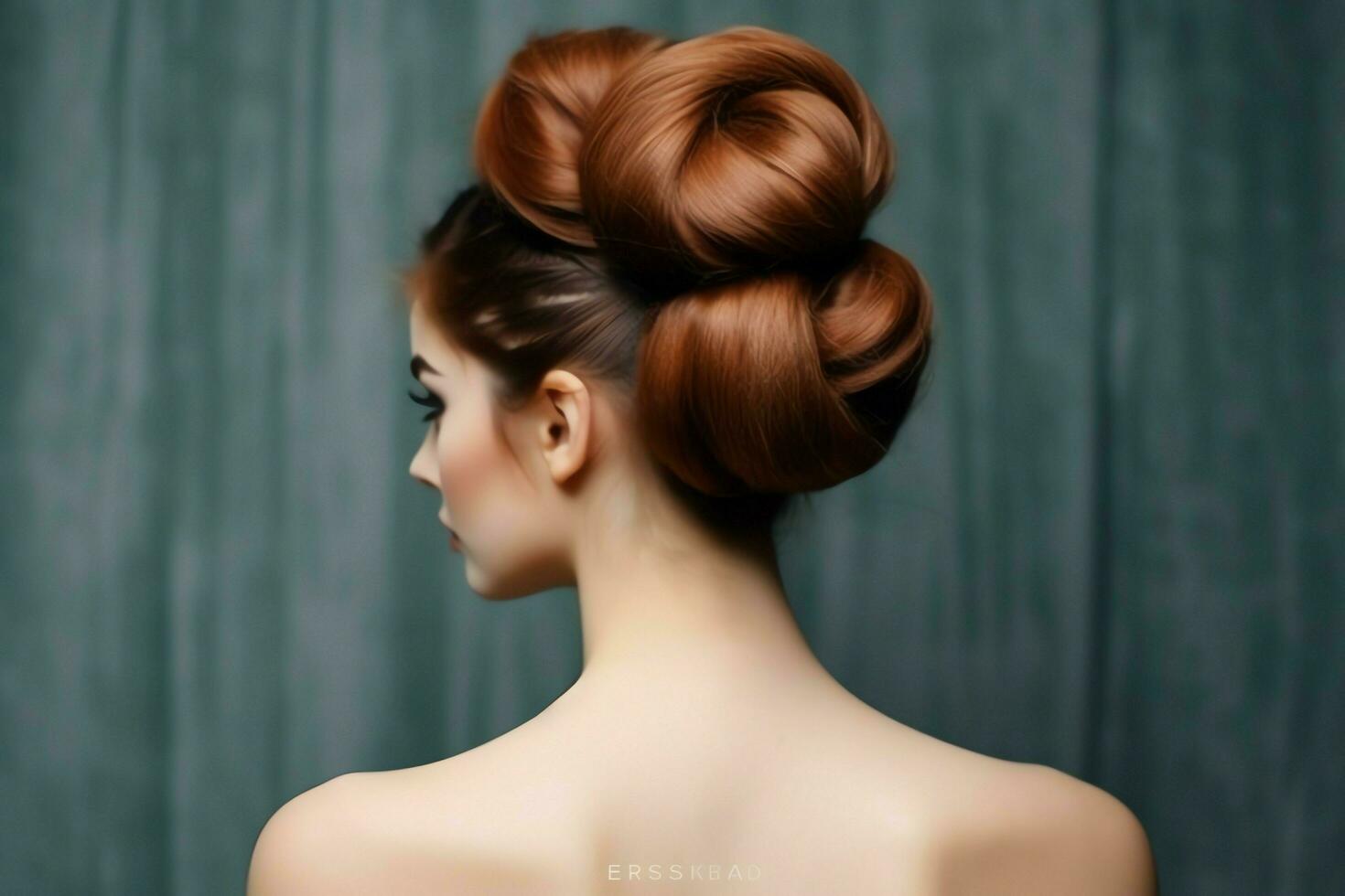 une magnifique la mariée avec une chignon coiffures pour longue cheveux Regardez de dos. une femelle coiffure arrière vue concept par ai généré photo