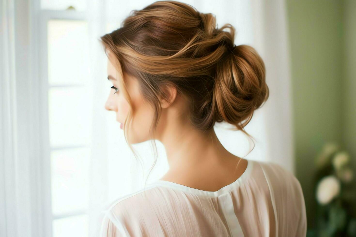 une magnifique la mariée avec une chignon coiffures pour longue cheveux Regardez de dos. une femelle coiffure arrière vue concept par ai généré photo