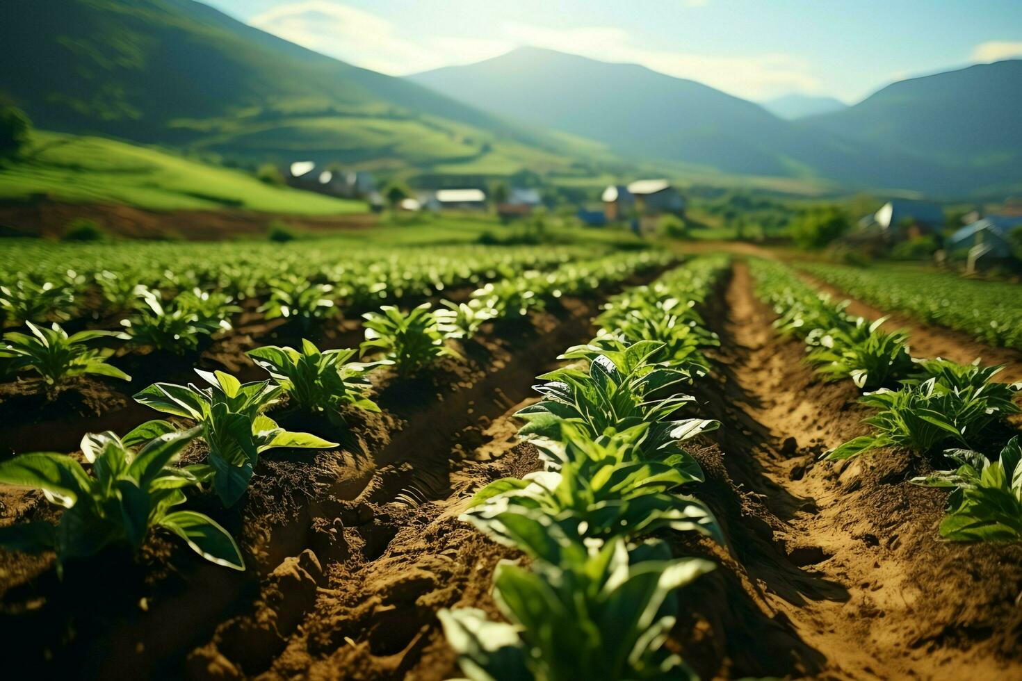 magnifique vue de une thé champ plantation, vignoble ferme ou fraise jardin dans le vert collines à lever du soleil concept par ai généré photo