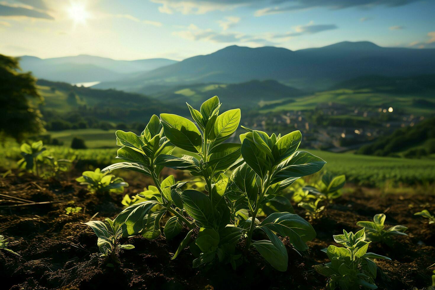 magnifique vue de une thé champ plantation, vignoble ferme ou fraise jardin dans le vert collines à lever du soleil concept par ai généré photo