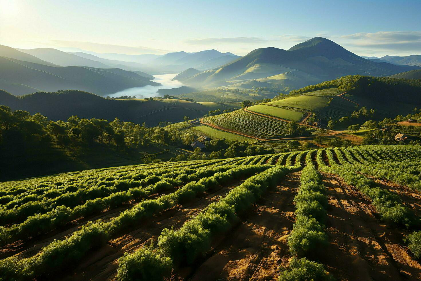 magnifique vue de une thé champ plantation, vignoble ferme ou fraise jardin dans le vert collines à lever du soleil concept par ai généré photo