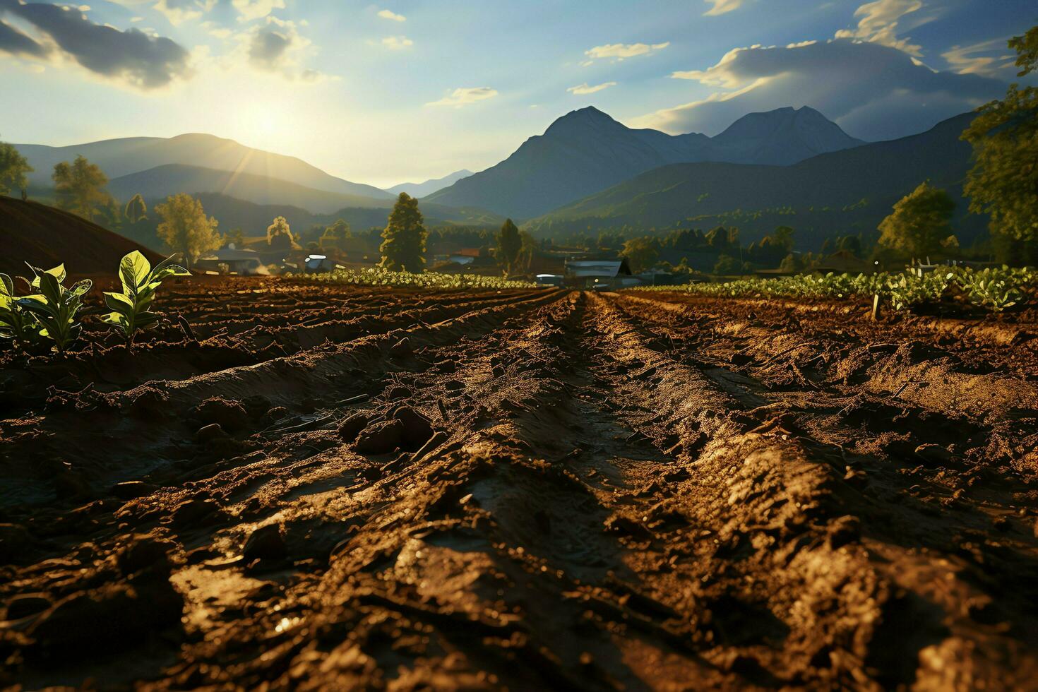 magnifique vue de une thé champ plantation, vignoble ferme ou fraise jardin dans le vert collines à lever du soleil concept par ai généré photo