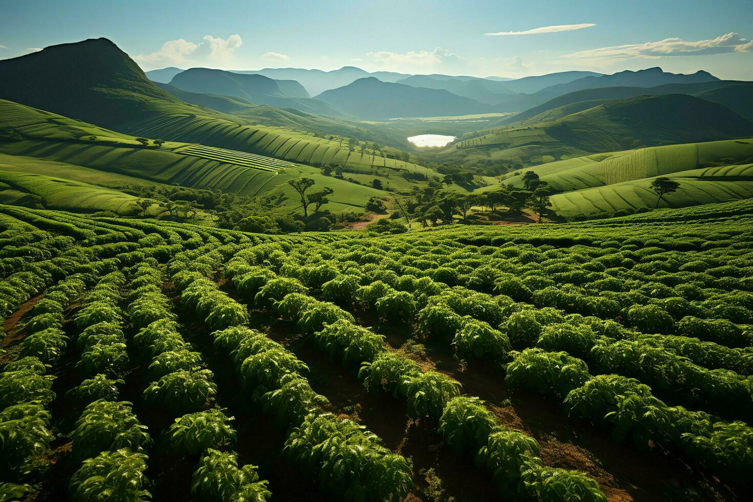 magnifique vue de une thé champ plantation, vignoble ferme ou fraise jardin dans le vert collines à lever du soleil concept par ai généré photo