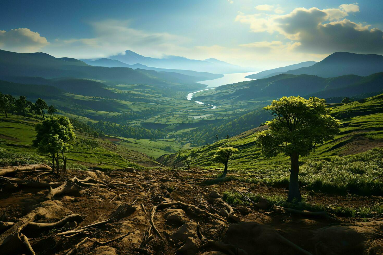 magnifique vue de une thé champ plantation, vignoble ferme ou fraise jardin dans le vert collines à lever du soleil concept par ai généré photo