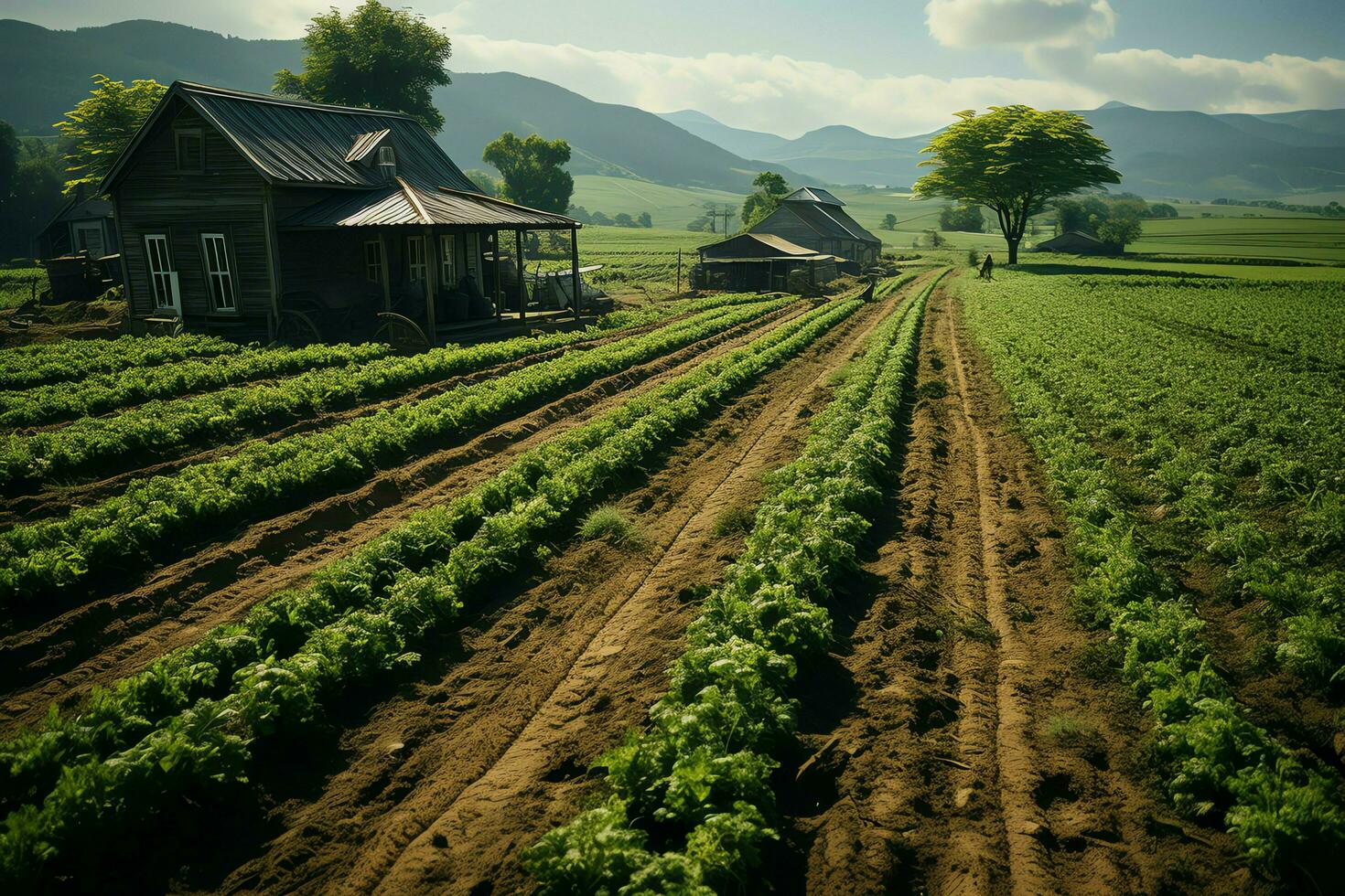 magnifique vue de une thé champ plantation, vignoble ferme ou fraise jardin dans le vert collines à lever du soleil concept par ai généré photo