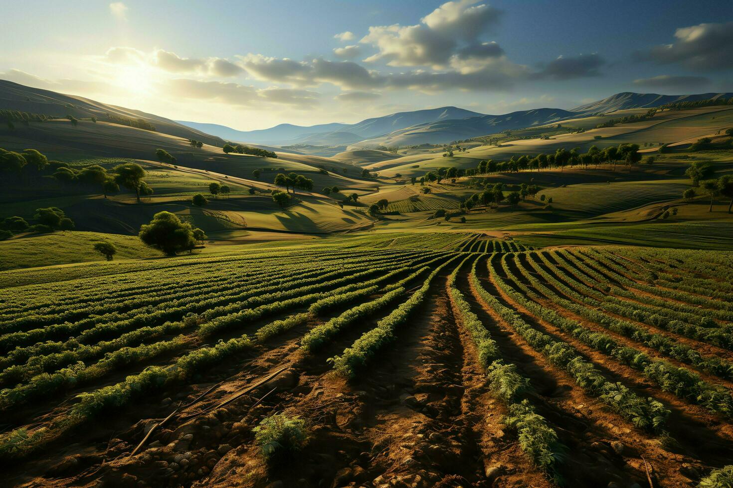 magnifique vue de une thé champ plantation, vignoble ferme ou fraise jardin dans le vert collines à lever du soleil concept par ai généré photo