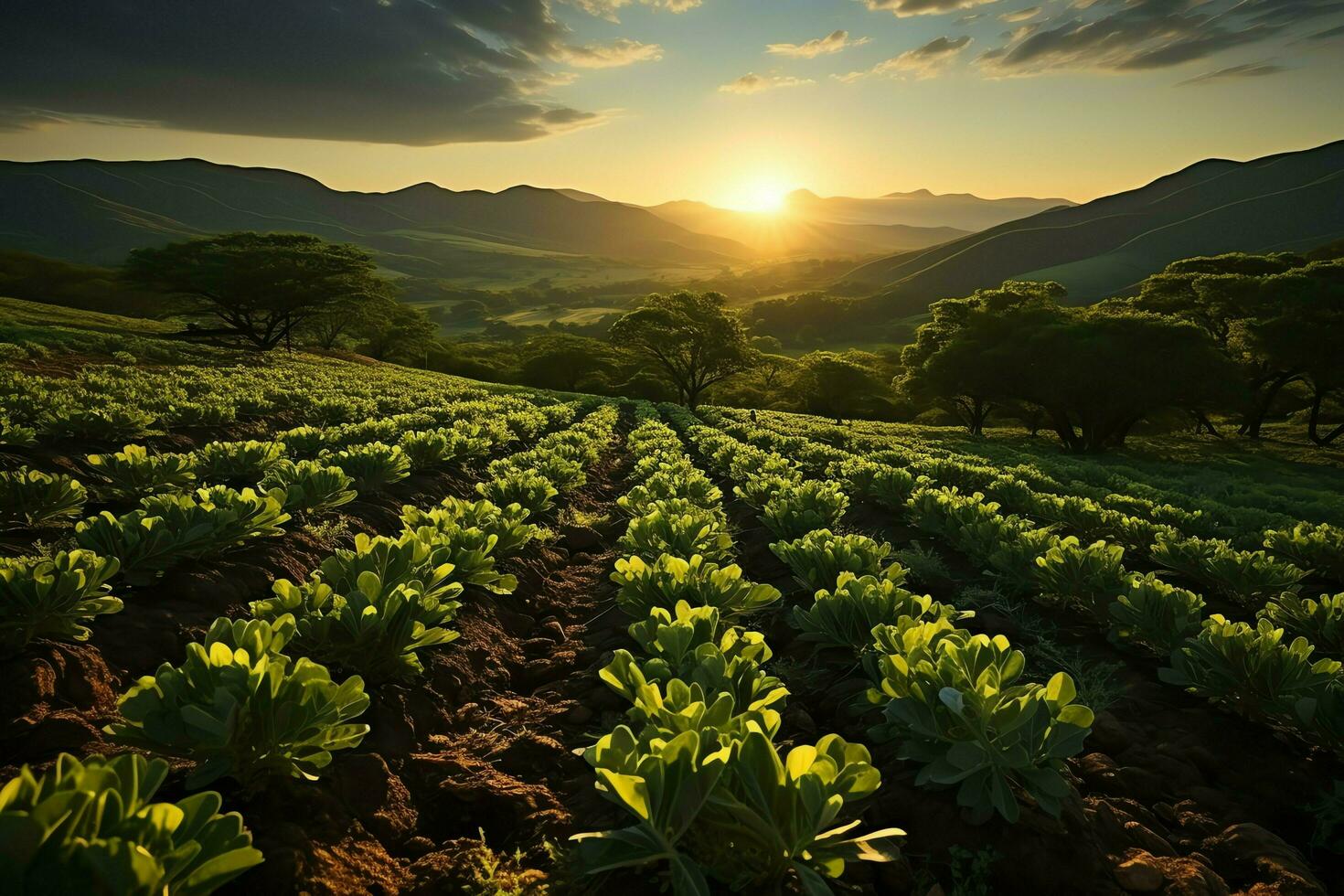 magnifique vue de une thé champ plantation, vignoble ferme ou fraise jardin dans le vert collines à lever du soleil concept par ai généré photo