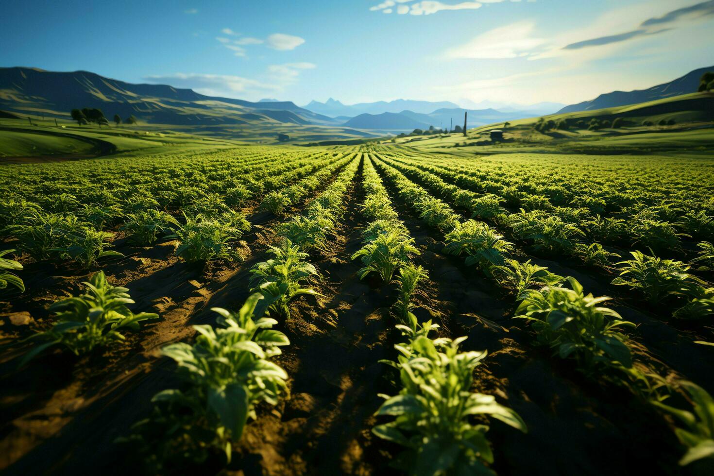 magnifique vue de une thé champ plantation, vignoble ferme ou fraise jardin dans le vert collines à lever du soleil concept par ai généré photo