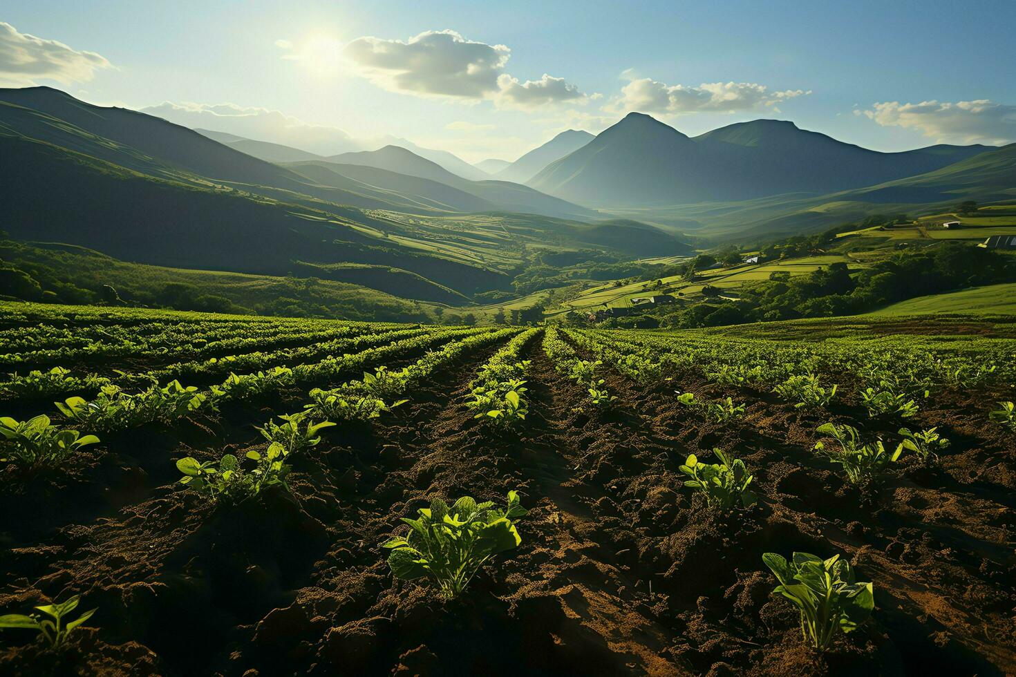 magnifique vue de une thé champ plantation, vignoble ferme ou fraise jardin dans le vert collines à lever du soleil concept par ai généré photo