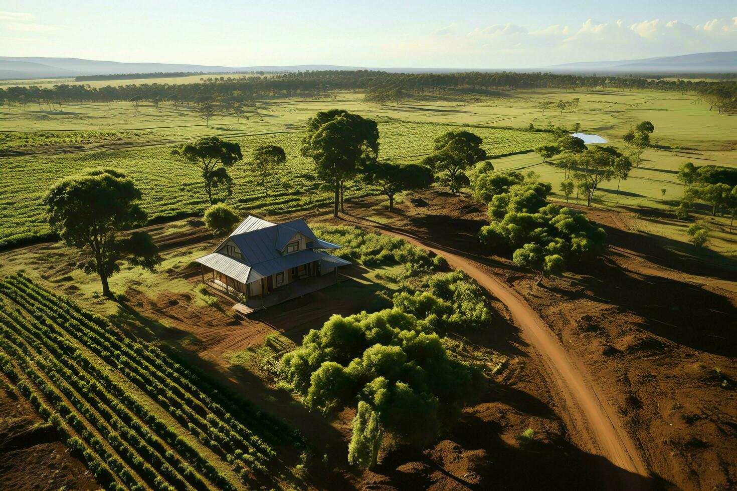 magnifique vue de une thé champ plantation, vignoble ferme ou fraise jardin dans le vert collines à lever du soleil concept par ai généré photo