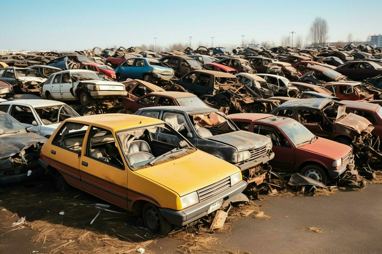 rouille vieux déchet voitures avec environnement la pollution dans Junkyard pour recyclage. abandonné voiture déchets concept par ai généré photo