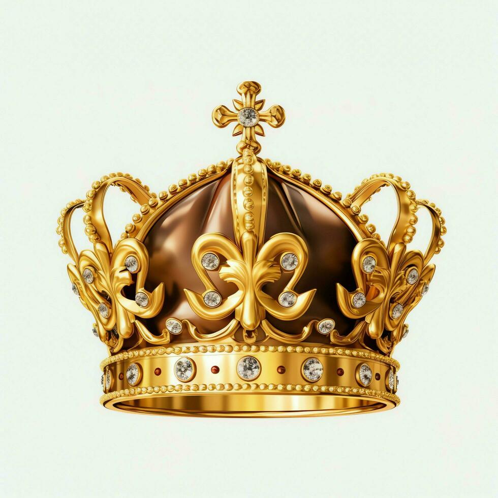 royal d'or empereur couronne de une Roi sur blanc Contexte. 3d le rendu luxe Royal Roi or couronne concept par ai généré photo