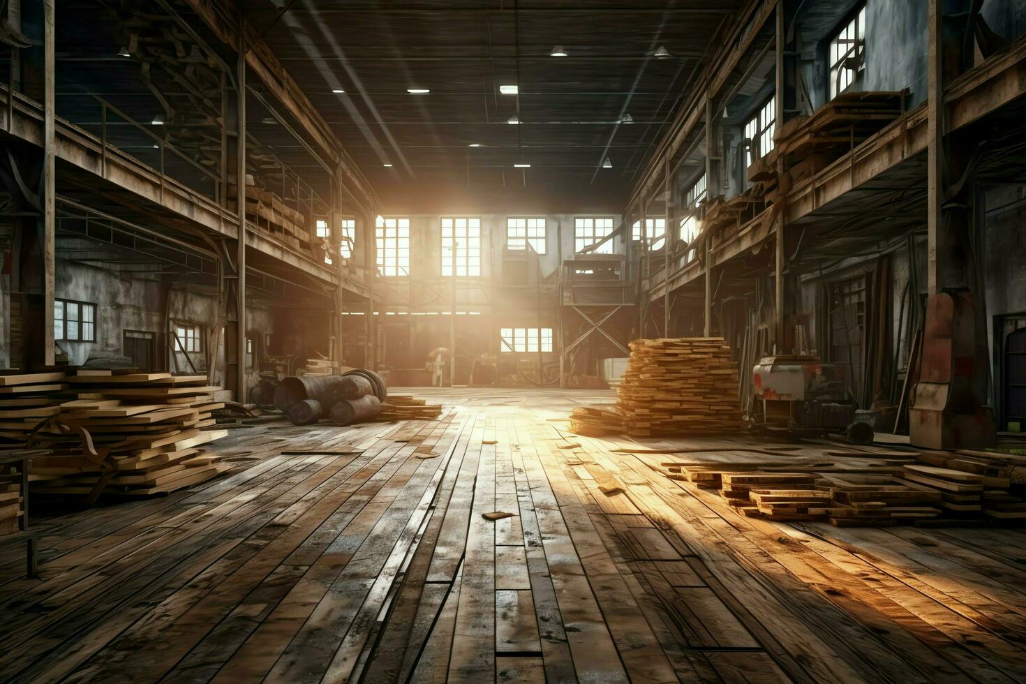 en bois planche ou planche dans le bois moulin industrie. empiler de journaux et bois dans le scierie production concept par ai généré photo