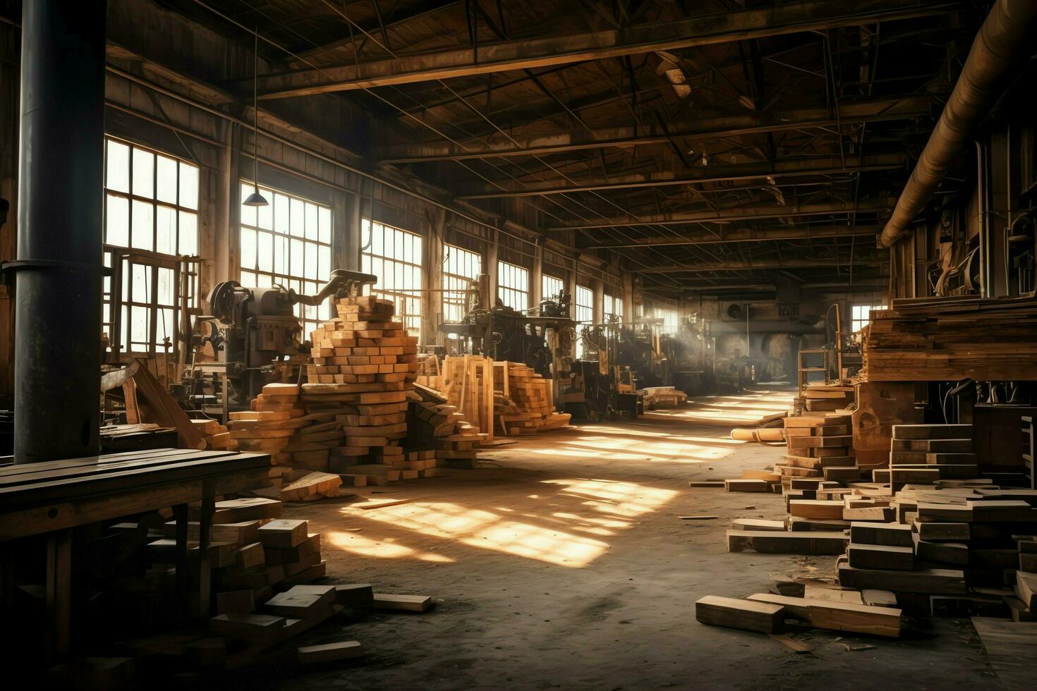 en bois planche ou planche dans le bois moulin industrie. empiler de journaux et bois dans le scierie production concept par ai généré photo