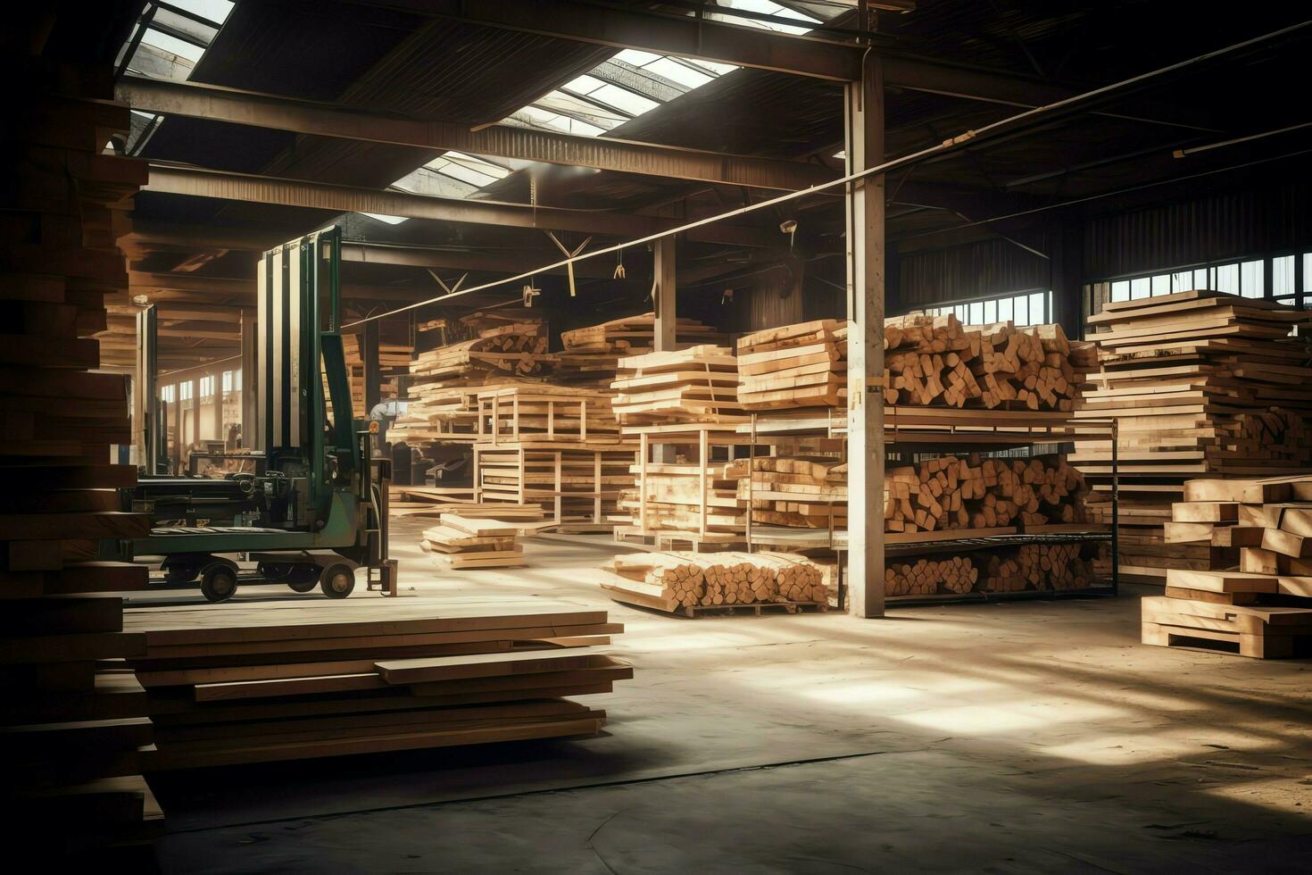 en bois planche ou planche dans le bois moulin industrie. empiler de journaux et bois dans le scierie production concept par ai généré photo