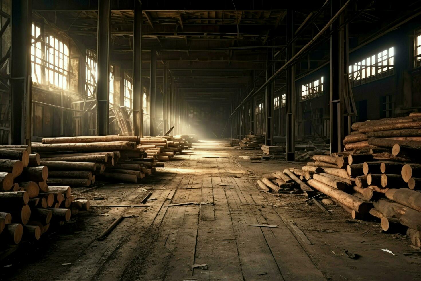 en bois planche ou planche dans le bois moulin industrie. empiler de journaux et bois dans le scierie production concept par ai généré photo