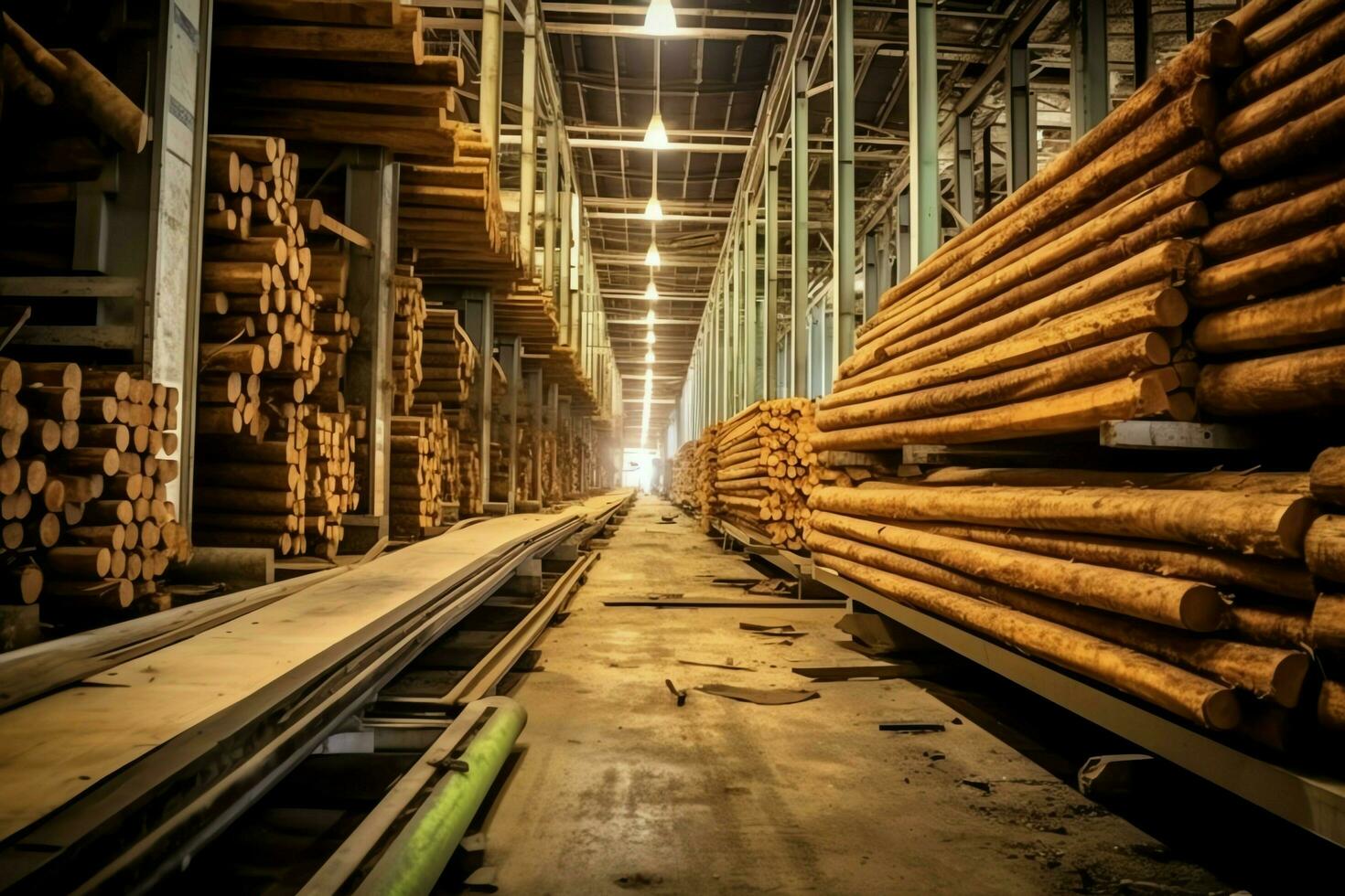 en bois planche ou planche dans le bois moulin industrie. empiler de journaux et bois dans le scierie production concept par ai généré photo