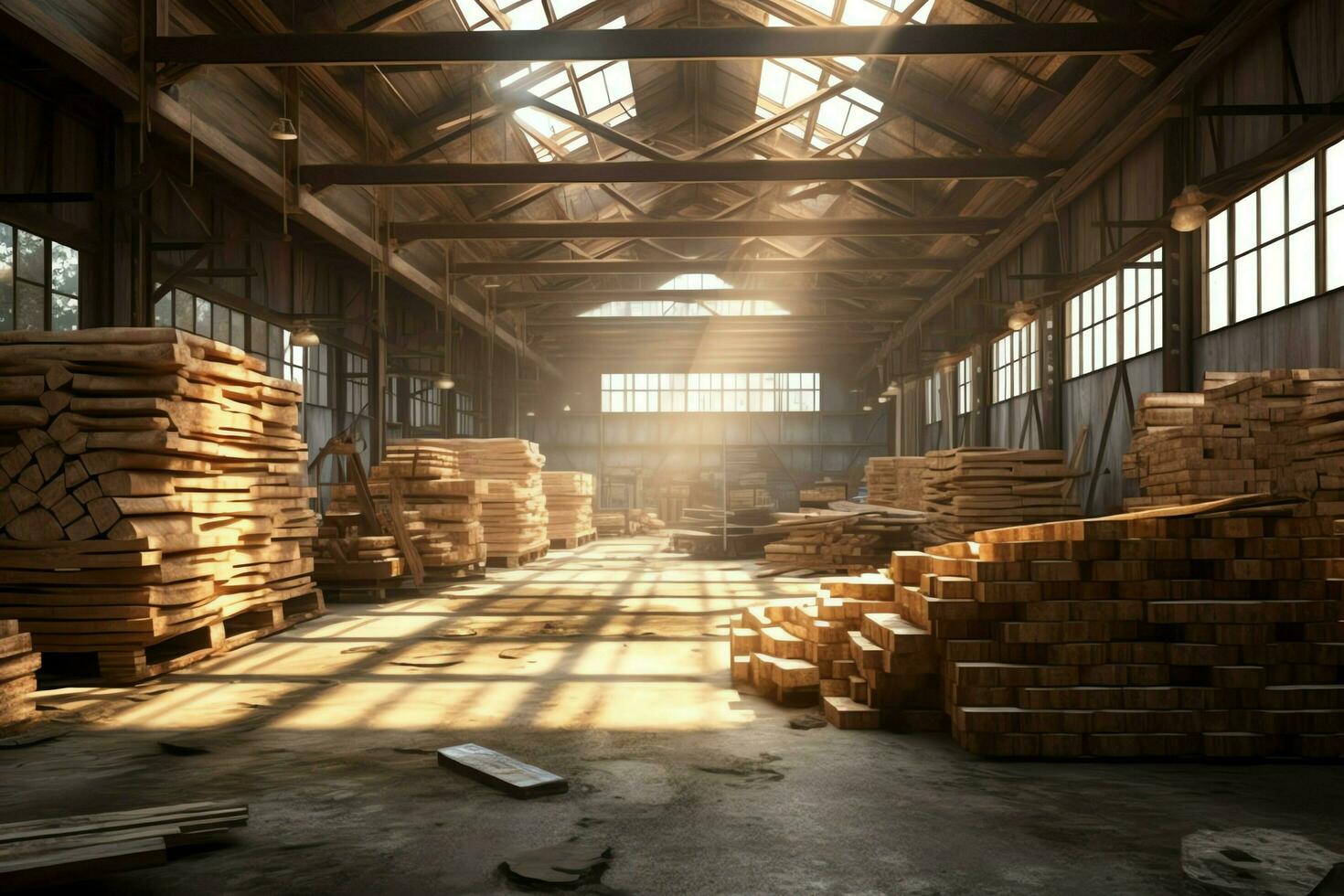 en bois planche ou planche dans le bois moulin industrie. empiler de journaux et bois dans le scierie production concept par ai généré photo