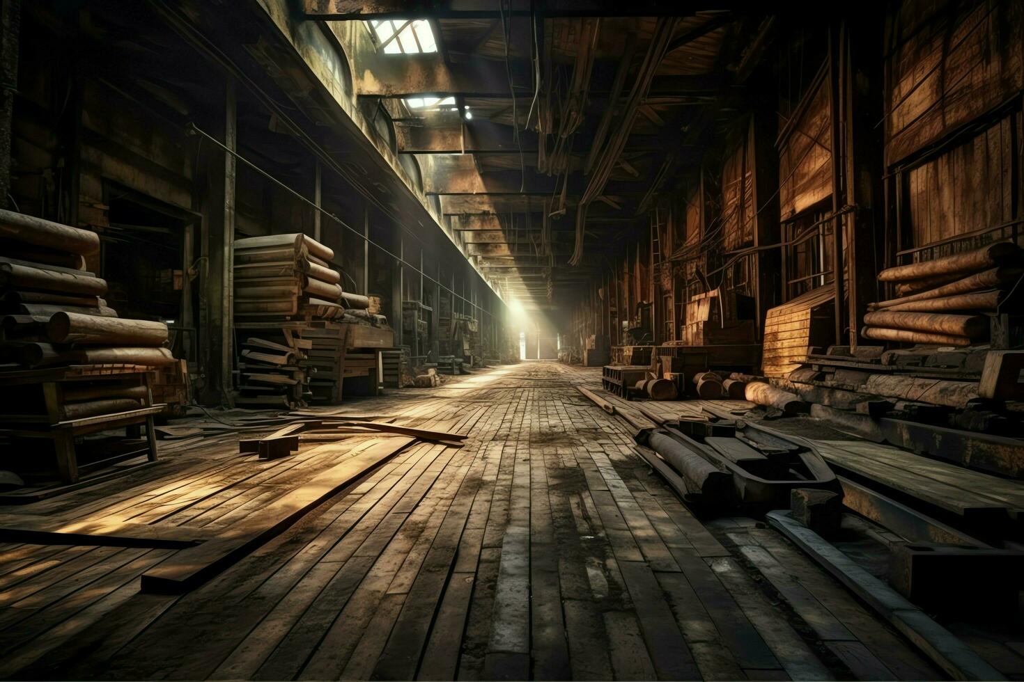 en bois planche ou planche dans le bois moulin industrie. empiler de journaux et bois dans le scierie production concept par ai généré photo