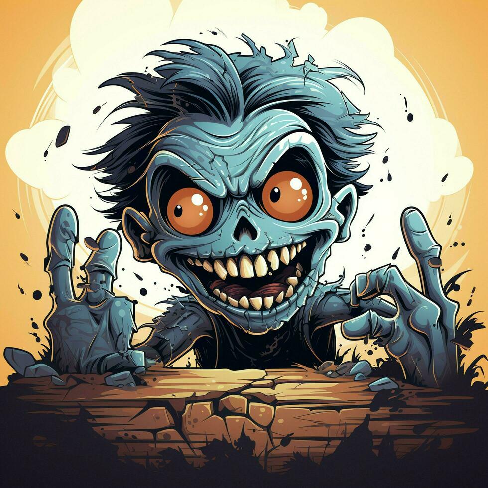 une terrifiant zombi dans dessin animé style. une effrayant zombi résurrection et rampant pour Halloween fête. Halloween concept par ai généré photo