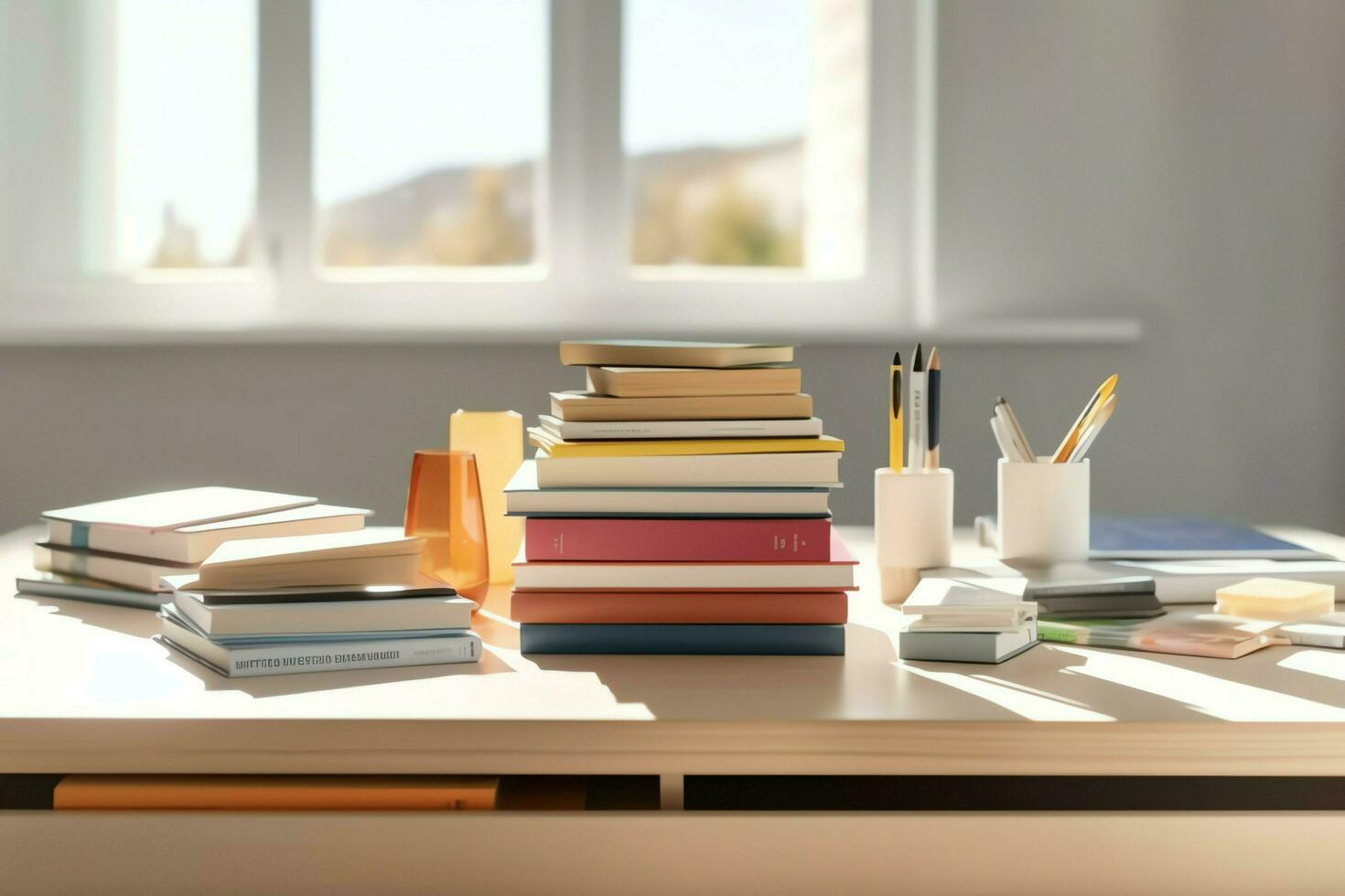 une livre pile proche en haut sur une étude bureau. de face vue pile livre. pour Festival de monde livre jour, nationale livre journée ou nationale éducation journée. empiler de coloré livres sur étude table par ai généré photo