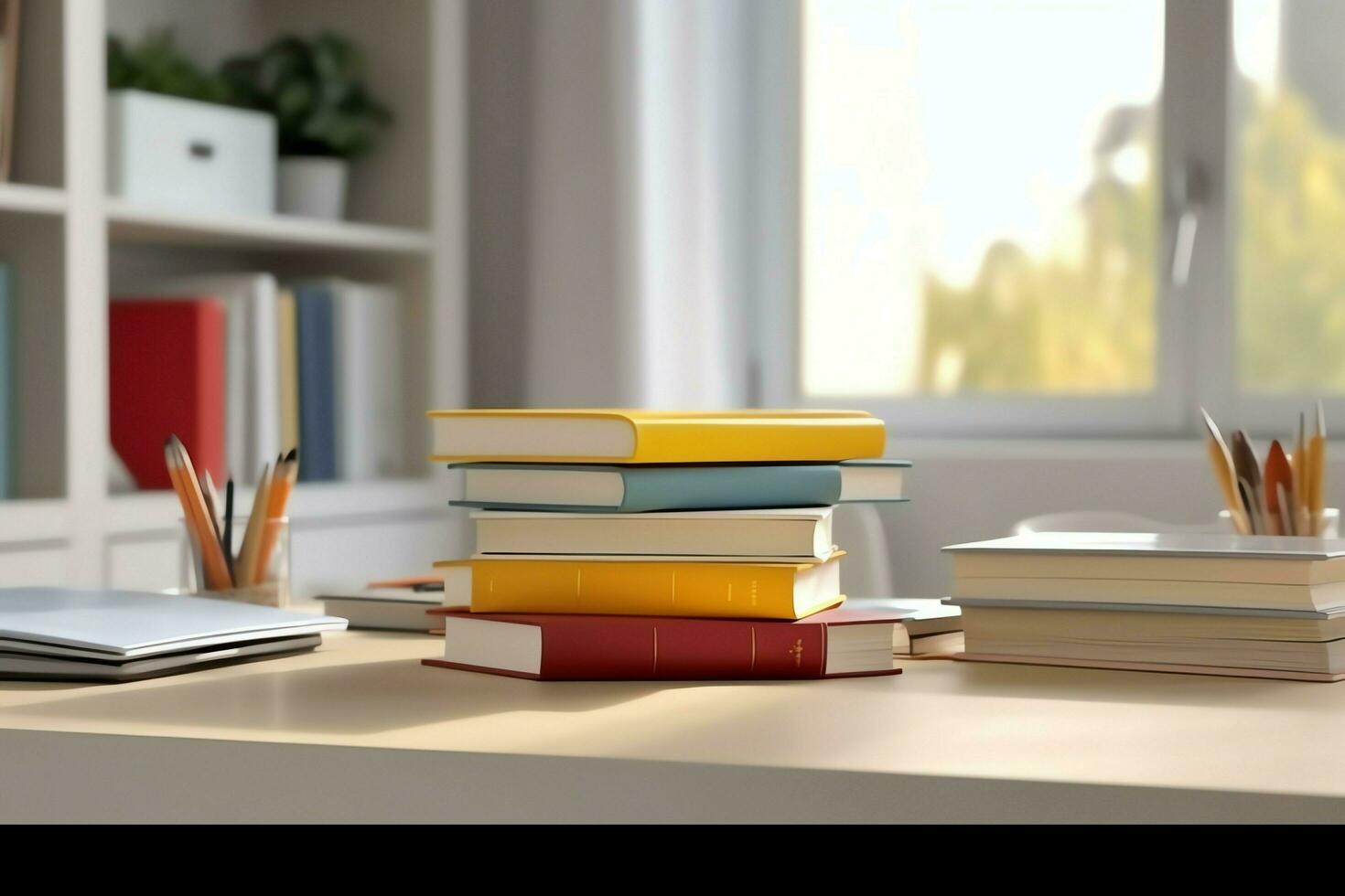 une livre pile proche en haut sur une étude bureau. de face vue pile livre. pour Festival de monde livre jour, nationale livre journée ou nationale éducation journée. empiler de coloré livres sur étude table par ai généré photo