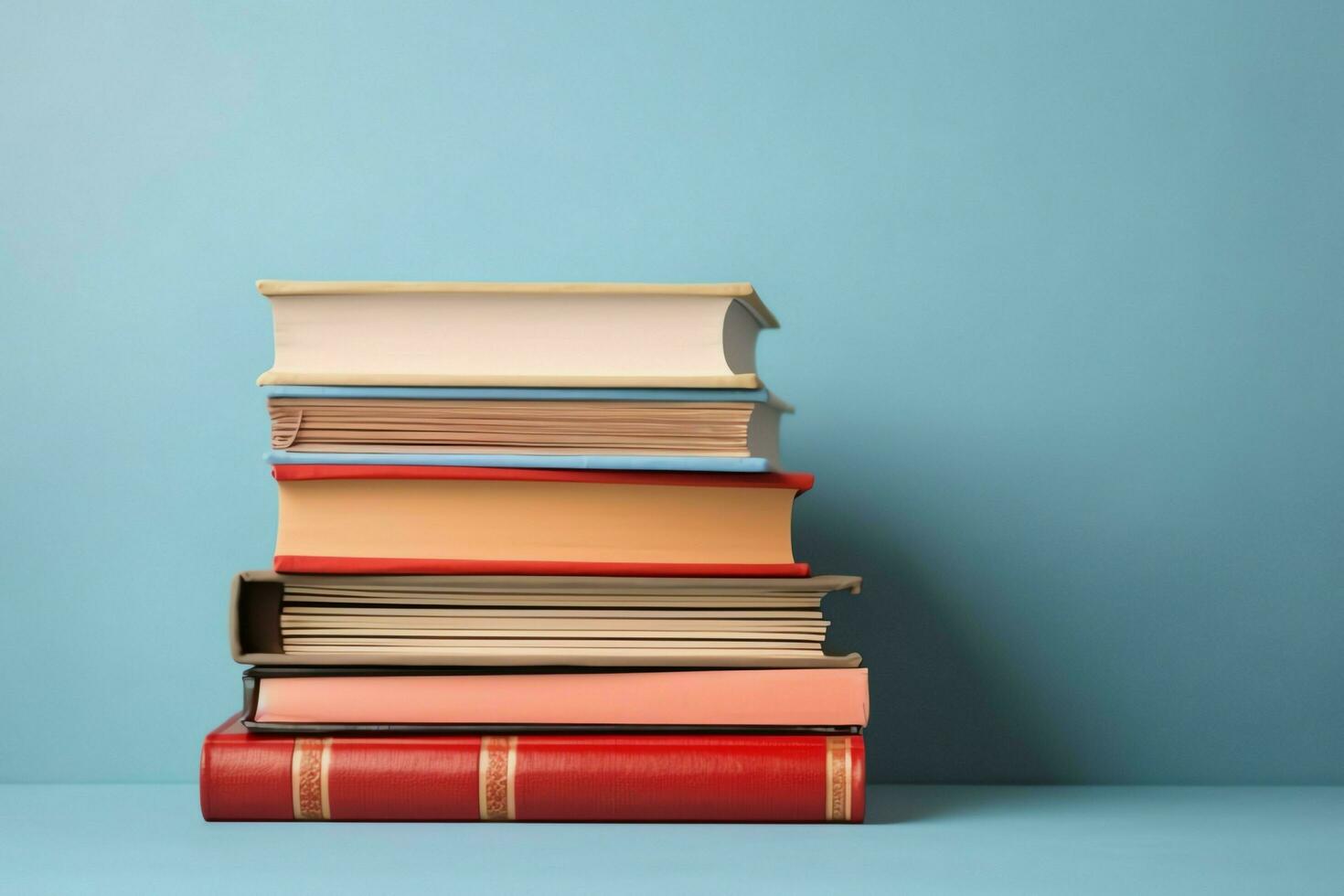 une livre pile proche en haut sur une tableau. de face vue pile livre. pour Festival de monde livre jour, nationale livre journée ou nationale éducation journée. empiler de coloré livres sur blanc Contexte par ai généré photo