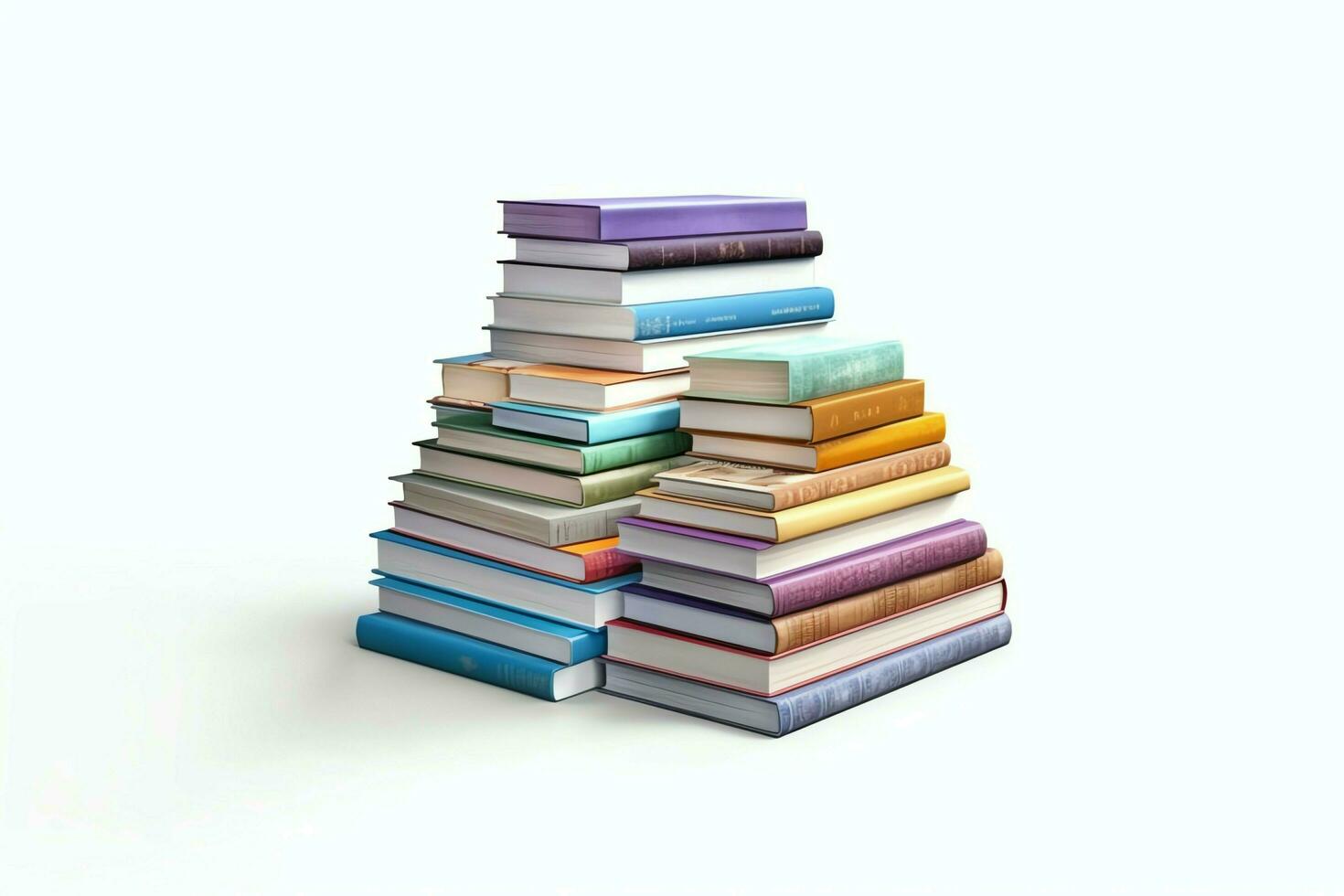 une livre pile proche en haut sur une tableau. de face vue pile livre. pour Festival de monde livre jour, nationale livre journée ou nationale éducation journée. empiler de coloré livres sur blanc Contexte par ai généré photo