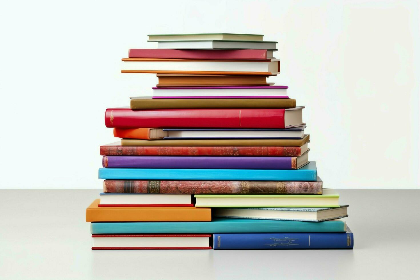 une livre pile proche en haut sur une tableau. de face vue pile livre. pour Festival de monde livre jour, nationale livre journée ou nationale éducation journée. empiler de coloré livres sur blanc Contexte par ai généré photo