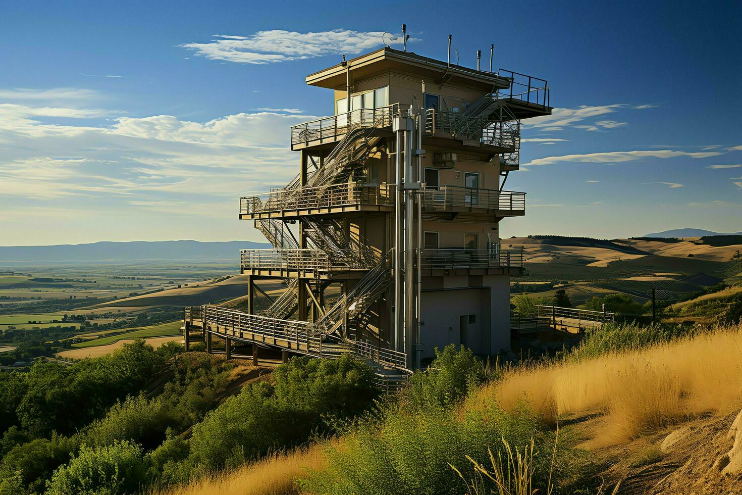 magnifique vue haute Tension électrique ou télécommunications antenne sans fil la tour avec vert champ concept par ai généré photo