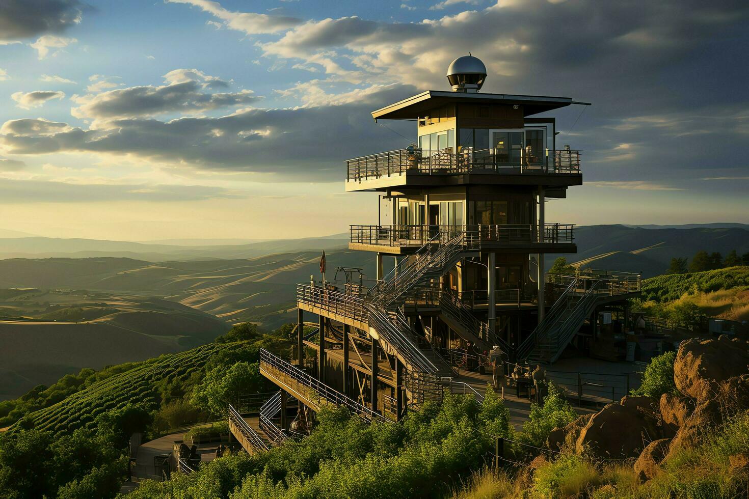 magnifique vue haute Tension électrique ou télécommunications antenne sans fil la tour avec vert champ concept par ai généré photo