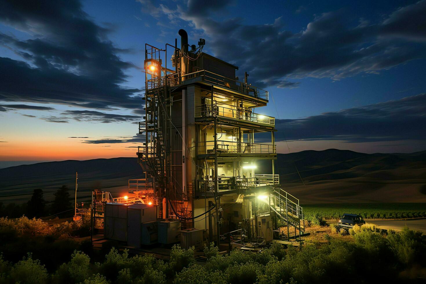 magnifique vue haute Tension électrique ou télécommunications antenne sans fil la tour avec vert champ concept par ai généré photo