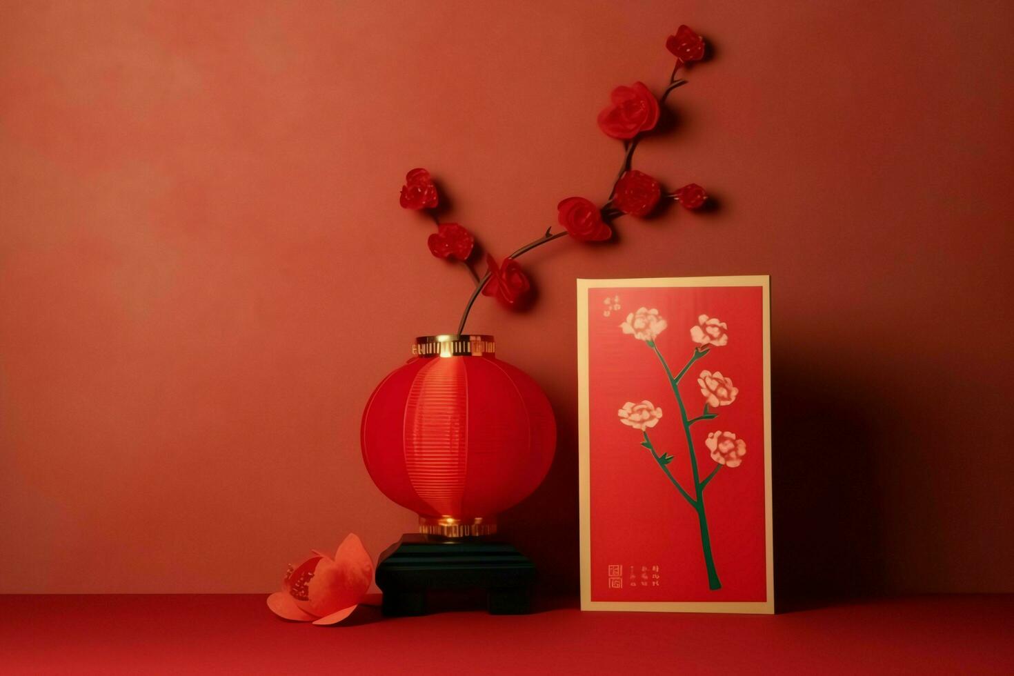 chinois Nouveau année Contexte avec traditionnel lanternes, Sakura fleurs et copie espace. lunaire Nouveau année concept par ai généré photo