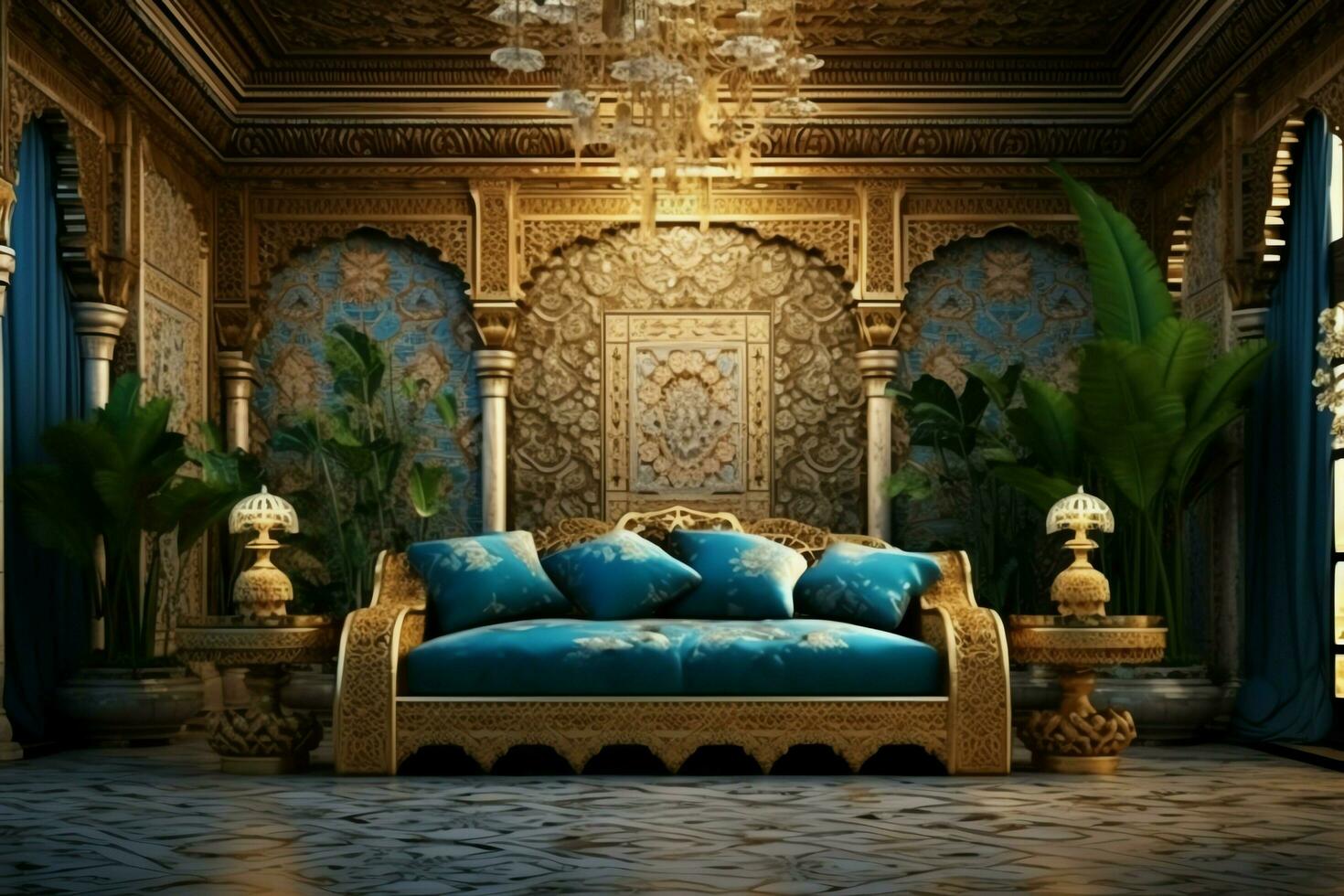 très luxueux pièce et grand avec des murs décoré avec marocain mosaïque. pièce dans traditionnel islamique concept par ai généré photo