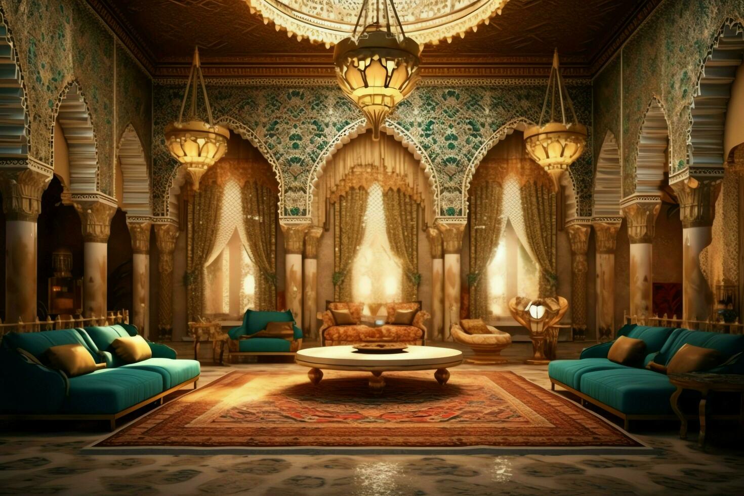 très luxueux pièce et grand avec des murs décoré avec marocain mosaïque. pièce dans traditionnel islamique concept par ai généré photo