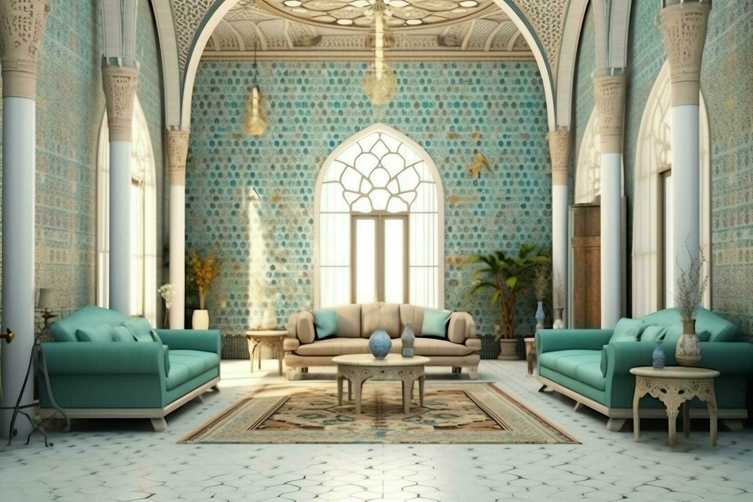 très luxueux pièce et grand avec des murs décoré avec marocain mosaïque. pièce dans traditionnel islamique concept par ai généré photo