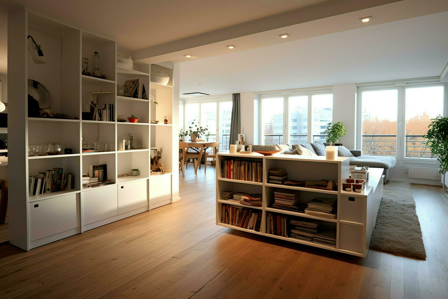 moderne appartement intérieur dans vivant conception avec travail table et étagère à livres. luxe Accueil scandinave concept par ai généré photo