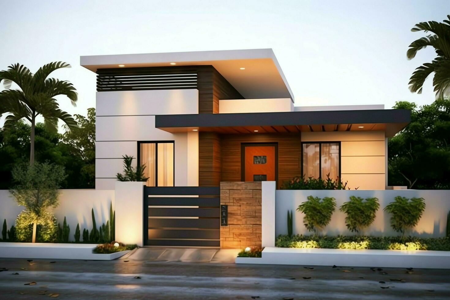 magnifique moderne maison extérieur avec carport. moderne Résidentiel district et minimaliste bâtiment concept par ai généré photo